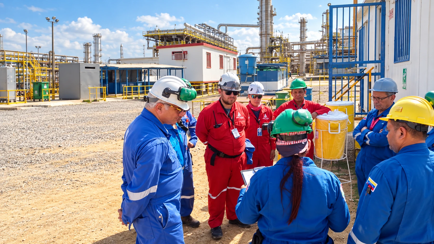 Ilustración editorial basada en una fotografía del equipo de Grupo Alecon durante una charla de seguridad industrial